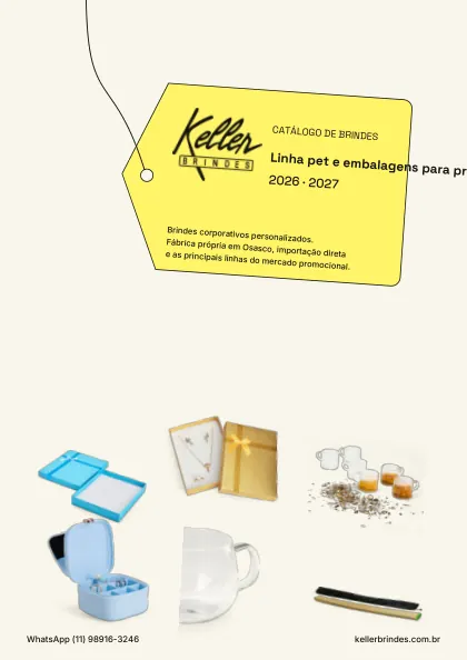 Capa do catálogo Linha pet e embalagens para presente da Keller Brindes